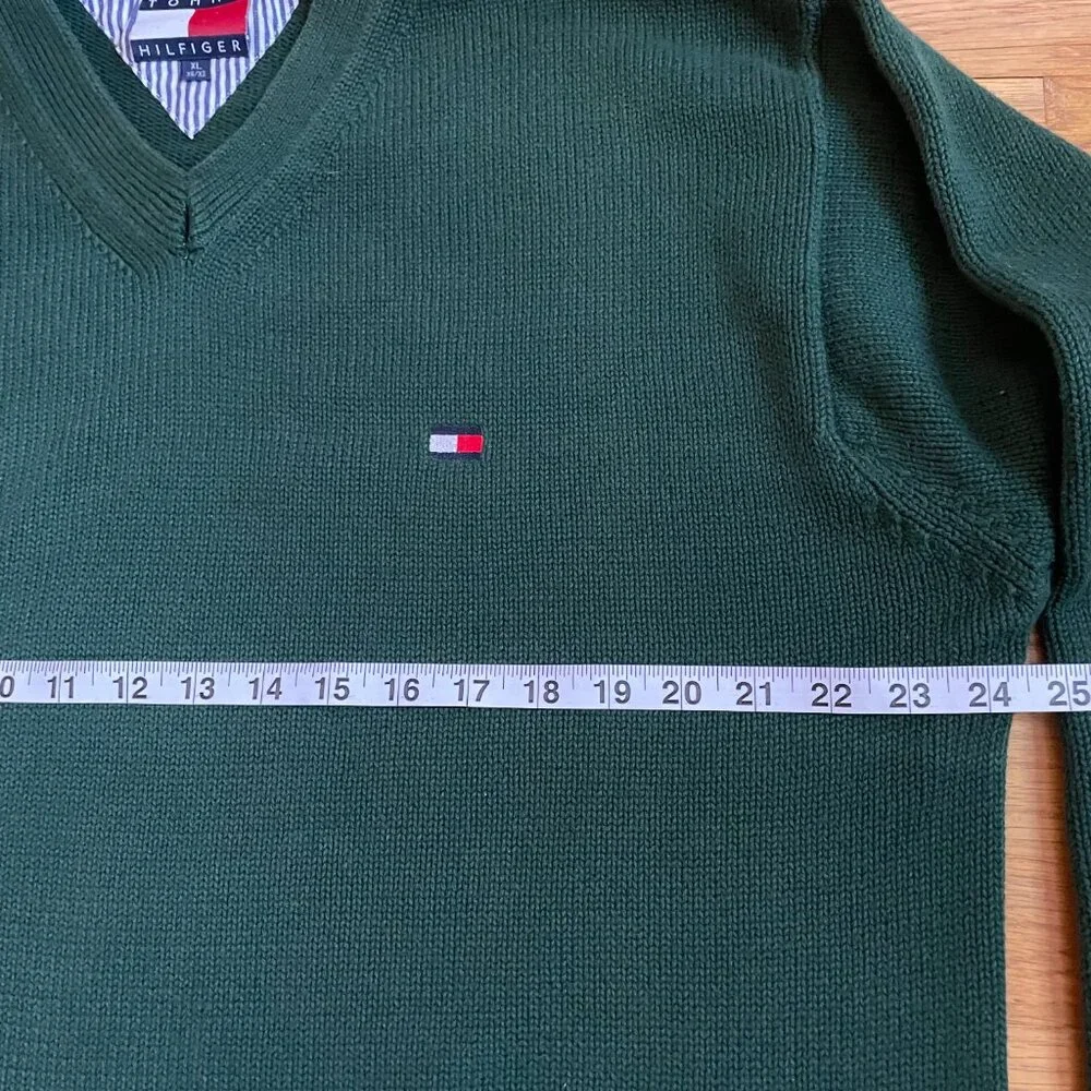 Vintage Tommy Hilfiger V-Neck Sweater Forest Green 100% Cotton Size XL